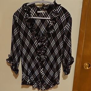 Signature By Larry Levine Ruffle-neck Plaud Dress Blouse